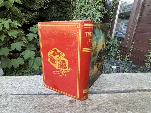 Treasure Island Book Shaped Toffee Tin Money Bank Box c1950s