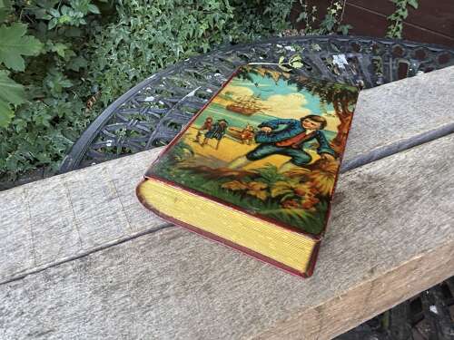 Treasure Island Book Shaped Toffee Tin Money Bank Box c1950s