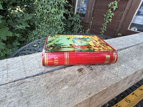 Pirates Book Shaped Toffee Tin Money Bank Box c1950s