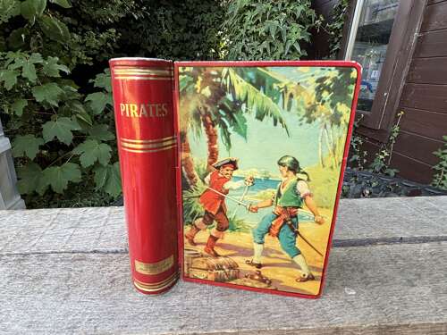 Pirates Book Shaped Toffee Tin Money Bank Box c1950s