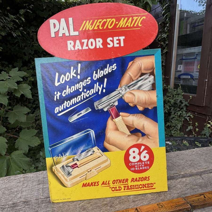 Pal Eject Matic Razor Set Barber Shop Shaving Chemist Card Advertising Sign c1950s
