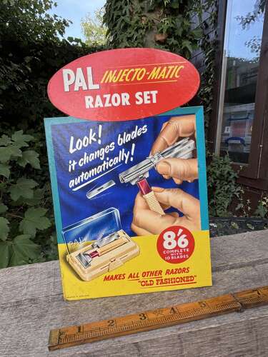 Pal Eject Matic Razor Set Barber Shop Shaving Chemist Card Advertising Sign c1950s