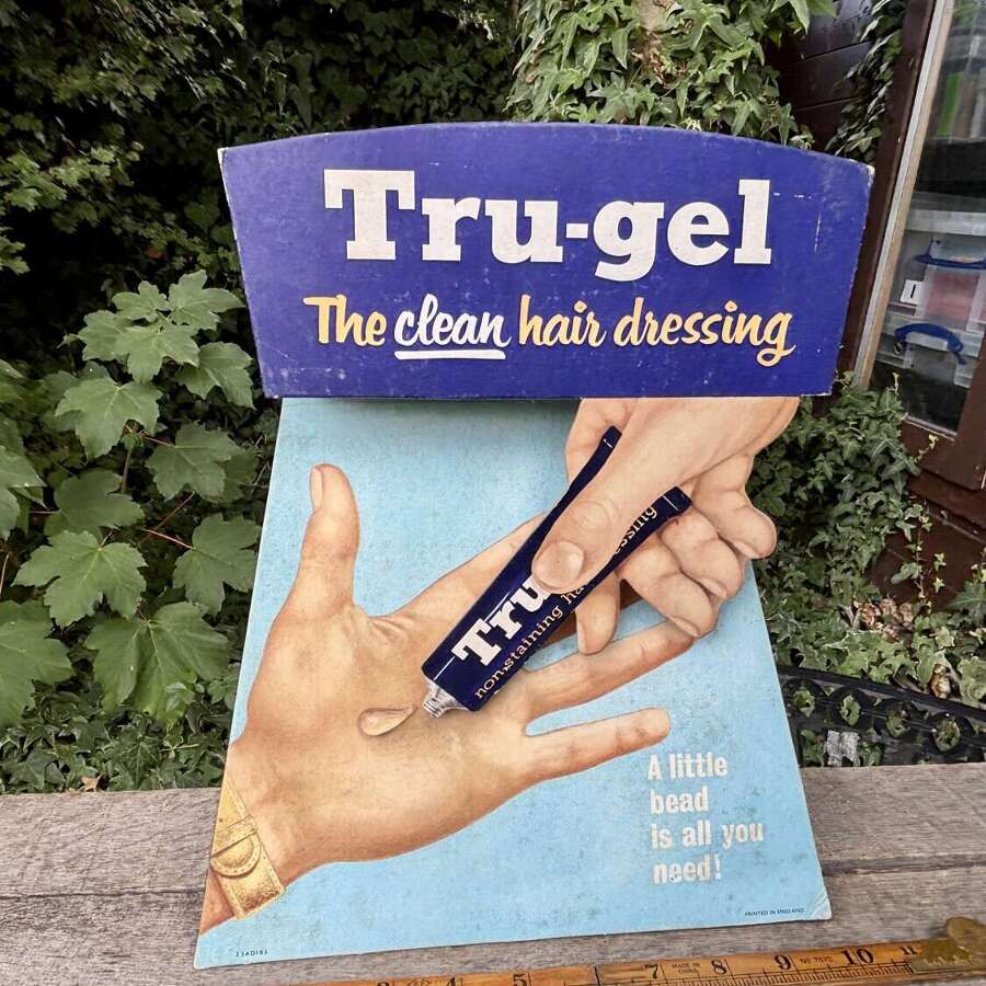True Gel Hair Dressing Barber Shop Chemist Card Advertising Sign c1950s