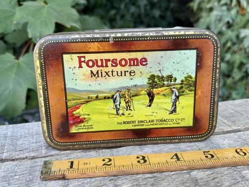 Large R. Sinclair Foursome Gleneagles Golf Golfer Image 1lb Tobacco Tin c1900s