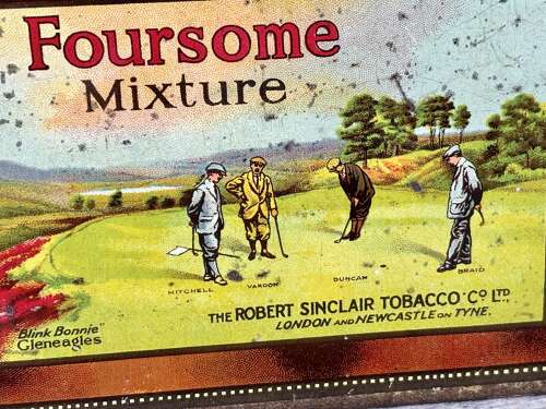 Large R. Sinclair Foursome Gleneagles Golf Golfer Image 1lb Tobacco Tin c1900s