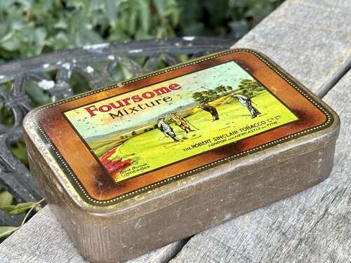 Large R. Sinclair Foursome Gleneagles Golf Golfer Image 1lb Tobacco Tin c1900s