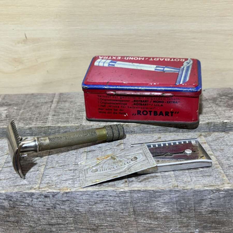 Vintage Rotbart Safety Razor Shaving Barber Shop tin & Contents