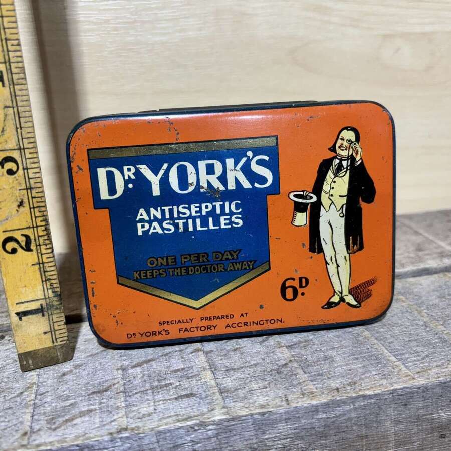 Dr York's Antiseptic Pastilles Chemist Cough Drops Tin c1920s