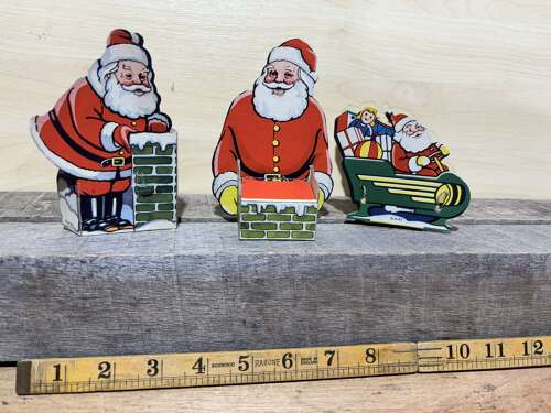 3 Santa Claus Christmas Chocolate Card Display Figures c1950s