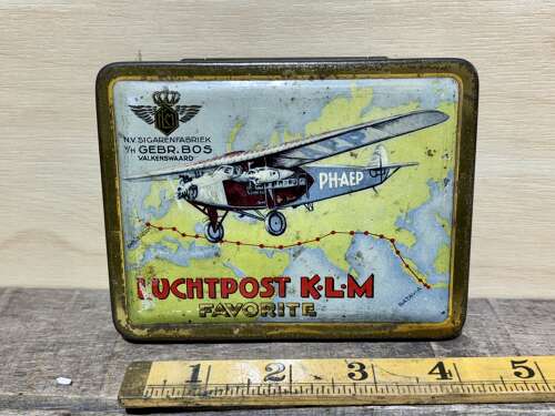 KLM Luchtpost Fokker Airplane Image Cigar Tin c1920s