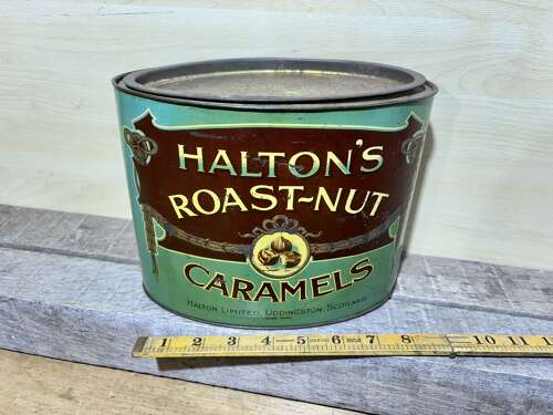 Halton's Roast Not Caramels Shop Display Toffee Tin c1920s