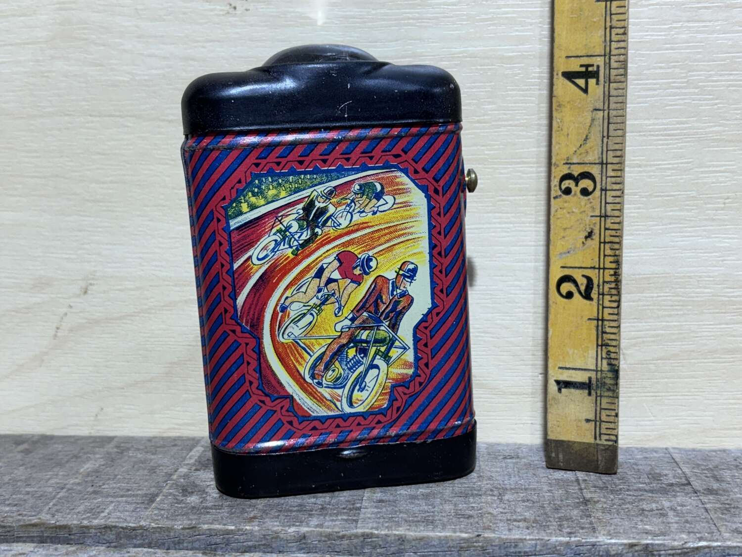Vintage Cycle & Motor Bike Image Tin Toy Flash Light Torch c1950s