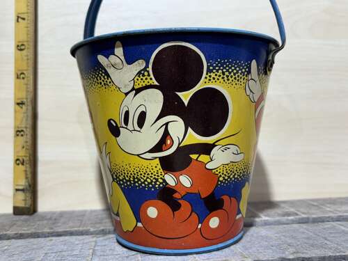 HappyNak Disney Mickey & Donald Duck Red jacket Seaside Tin Pail Bucket c1940/50s