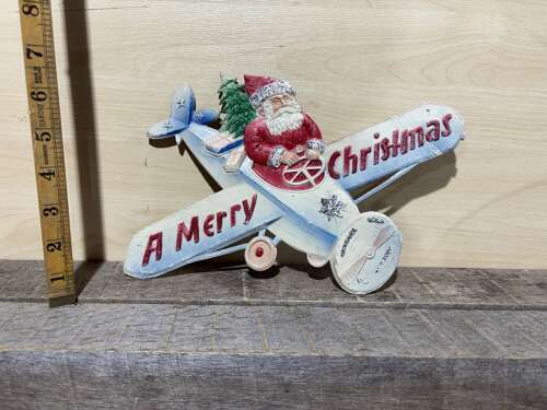 Superb Santa Claus Christmas Airplane Embossed Card Decoration Sign c1950s