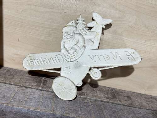 Superb Santa Claus Christmas Airplane Embossed Card Decoration Sign c1950s