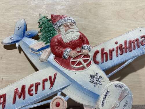 Superb Santa Claus Christmas Airplane Embossed Card Decoration Sign c1950s