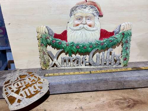 Superb Santa Claus & Christmas Bell Embossed Decoration Card Signs c1930s