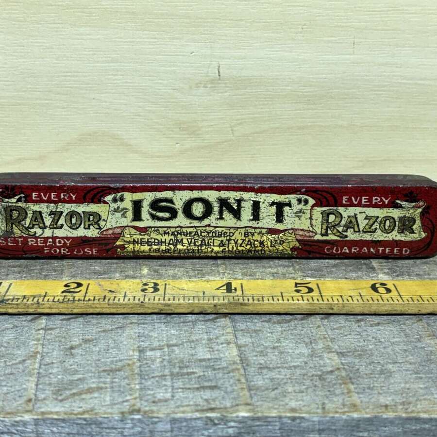 Iosonit Needham Veall Sheffield Straight Razor barber Shop Tin c1900s