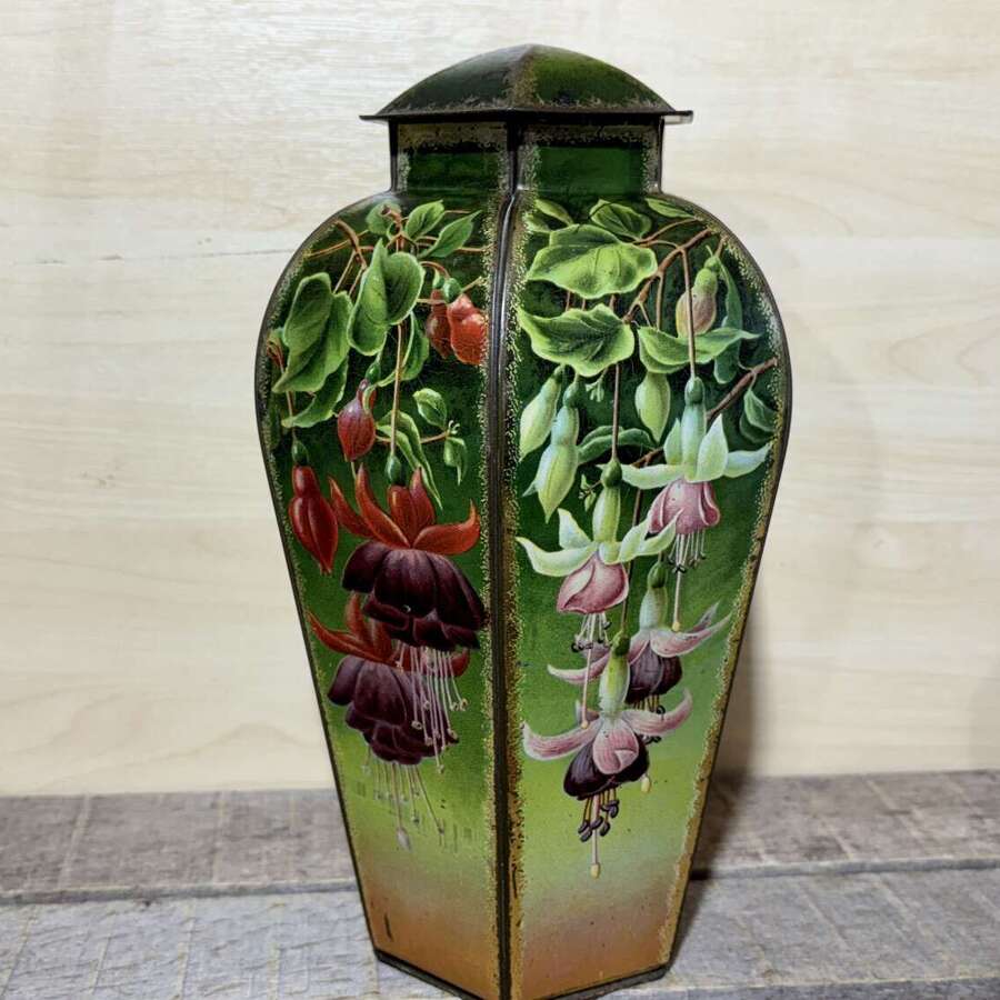 Superb Victory V Fuchsia Flower Vase Shaped Biscuit / Confectionery Tin c1900s