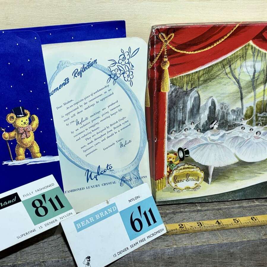 Bear Brand Stockings in Original Box, Christmas Envelope & Price cards
