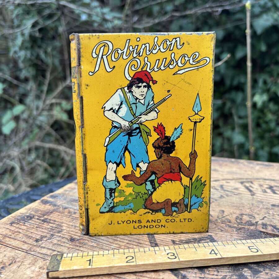 Robinson Crusoe Fairy Tale Book Shaped Toffee Tin c1920s