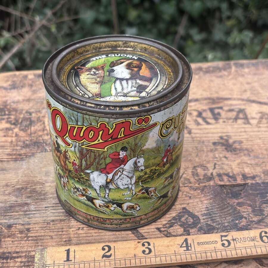 Superb Quorn Custard Horse & Dog image Powder Tin c1910
