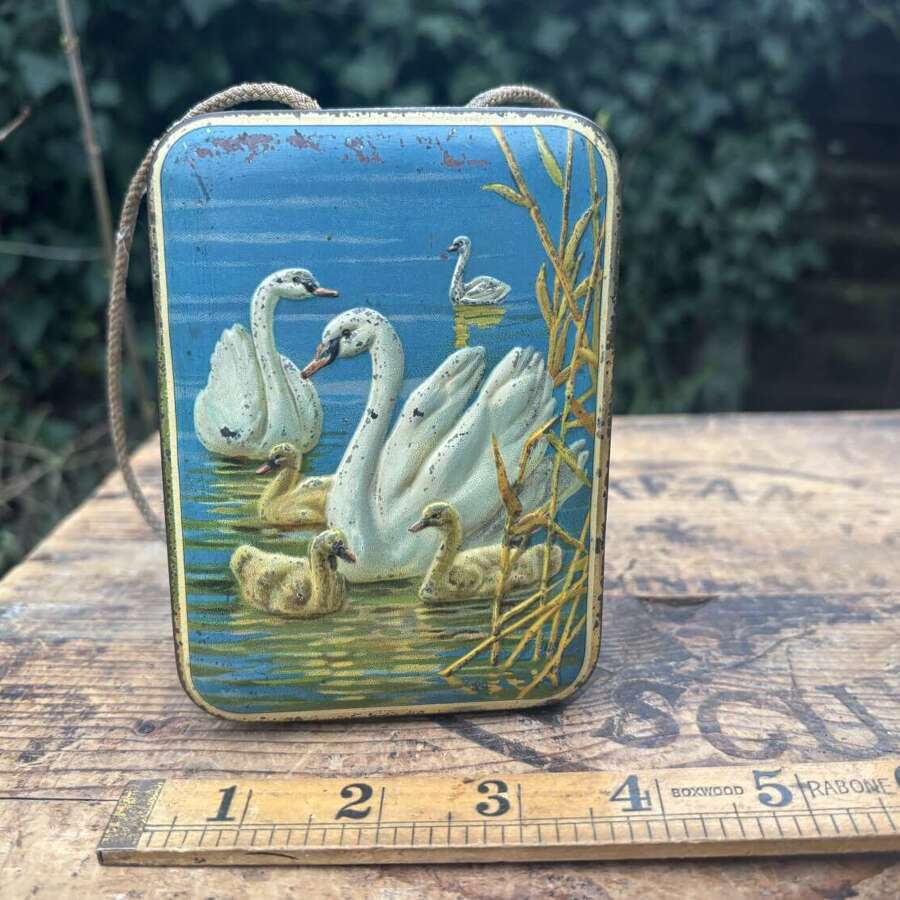Macfarlane Lang Swan Bird Image Embossed Hand Bag Biscuit Tin c1900s