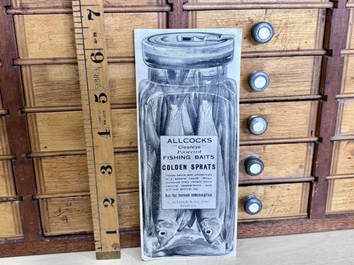 Allcock's Fishing Bait Sprats Advertising Trade Card Ephemera c1900s