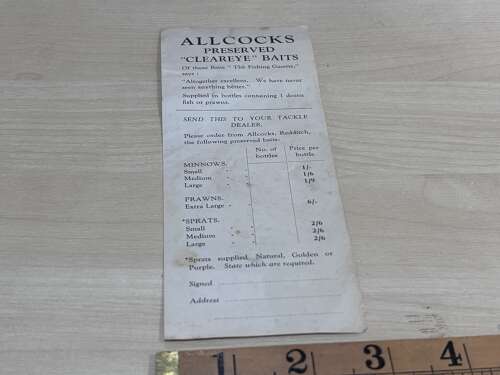 Allcock's Fishing Bait Sprats Advertising Trade Card Ephemera c1900s