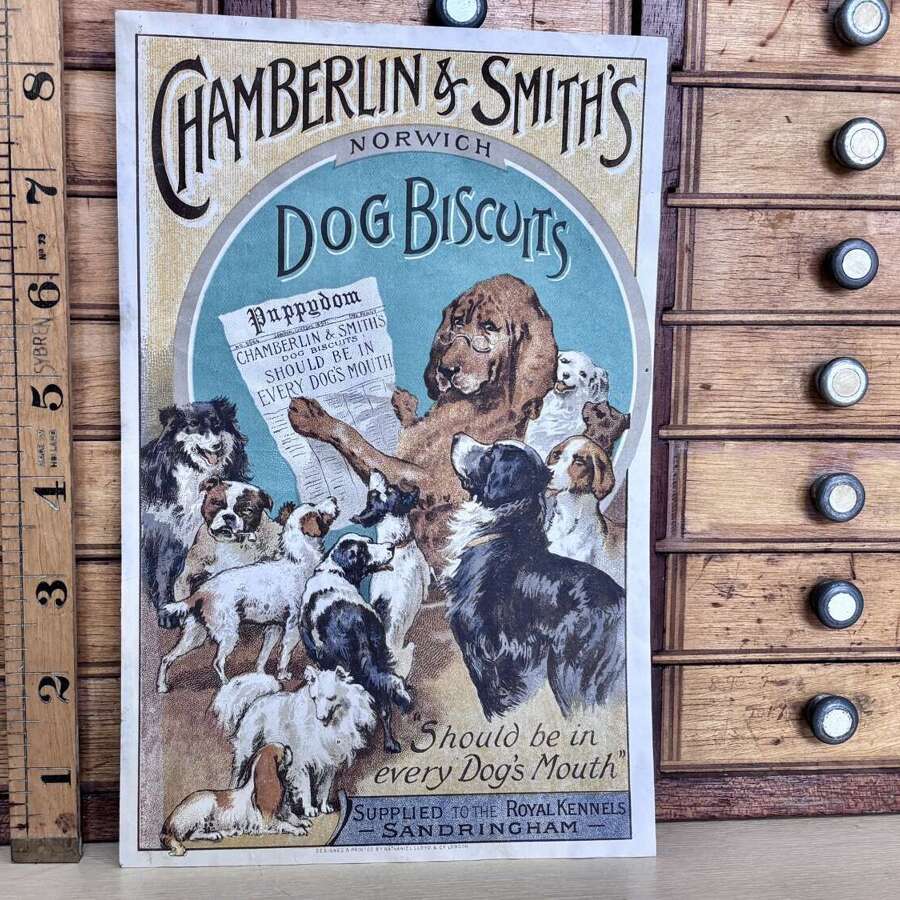 Superb Chamberlin & Smith Dog Biscuit Advertising Trade Card Ephemera c1900s