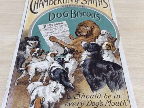 Superb Chamberlin & Smith Dog Biscuit Advertising Trade Card Ephemera c1900s