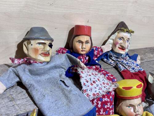 Early Punch and Judy The devil & Mr Wolf Wooden Toy Puppets c1920-30s