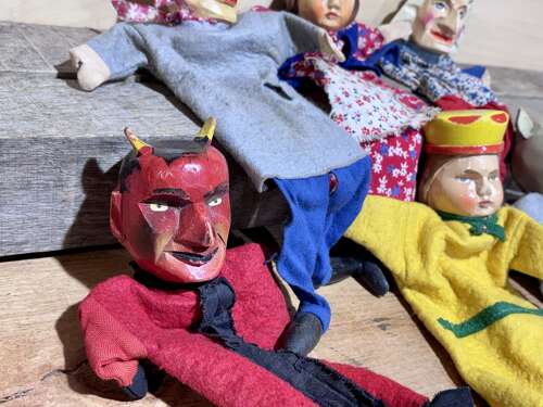 Early Punch and Judy The devil & Mr Wolf Wooden Toy Puppets c1920-30s