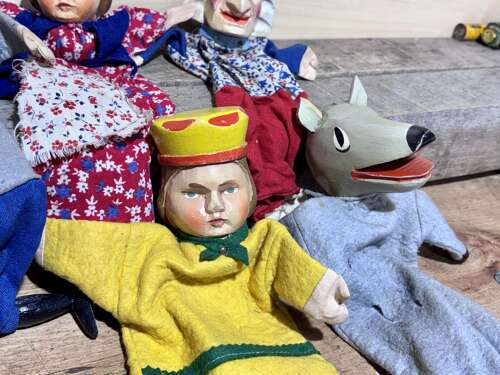 Early Punch and Judy The devil & Mr Wolf Wooden Toy Puppets c1920-30s