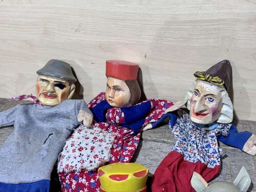 Early Punch and Judy The devil & Mr Wolf Wooden Toy Puppets c1920-30s