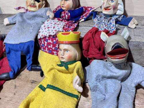 Early Punch and Judy The devil & Mr Wolf Wooden Toy Puppets c1920-30s