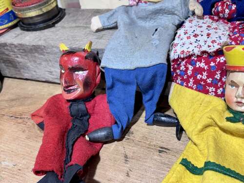 Early Punch and Judy The devil & Mr Wolf Wooden Toy Puppets c1920-30s