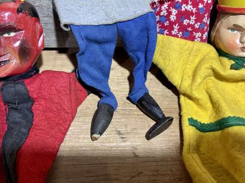 Early Punch and Judy The devil & Mr Wolf Wooden Toy Puppets c1920-30s