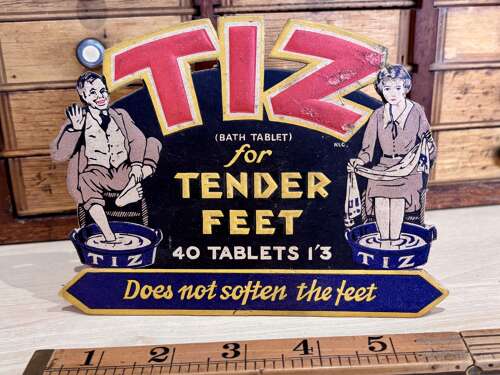 Tiz Tender Feet Chemist Advertising Point Of Sale Card Sign c1930s