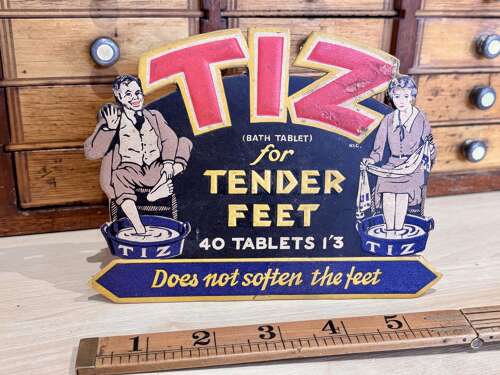 Tiz Tender Feet Chemist Advertising Point Of Sale Card Sign c1930s
