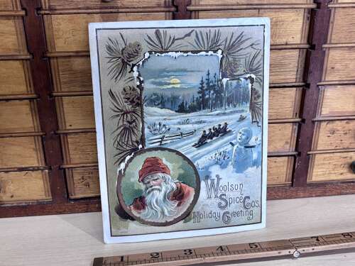 Lion Coffee Wolston Spice Co Santa Christmas Snowman Advertising Trade Card c1900s
