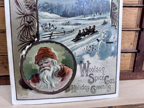 Lion Coffee Wolston Spice Co Santa Christmas Snowman Advertising Trade Card c1900s