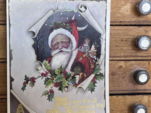 Superb Santa Claus & Golly Christmas Card c1900s