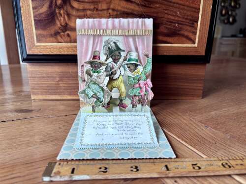 Superb Fold Out 3D Black Americana Christmas Card c1900s