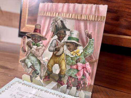 Superb Fold Out 3D Black Americana Christmas Card c1900s