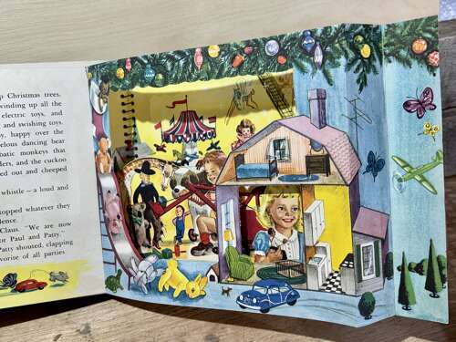 Santa Christmas Party Children's Pop up Book With Original Pin Back c1950s