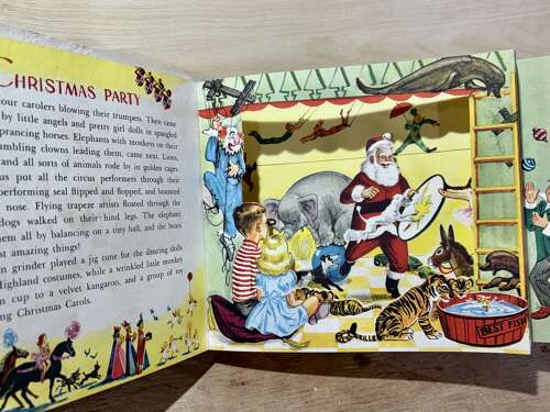 Santa Christmas Party Children's Pop up Book With Original Pin Back c1950s
