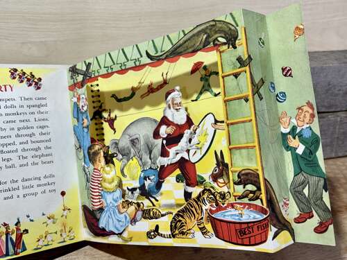 Santa Christmas Party Children's Pop up Book With Original Pin Back c1950s