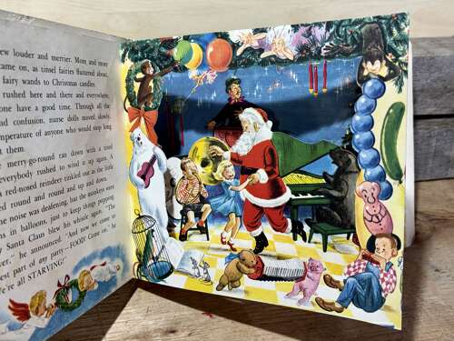 Santa Christmas Party Children's Pop up Book With Original Pin Back c1950s