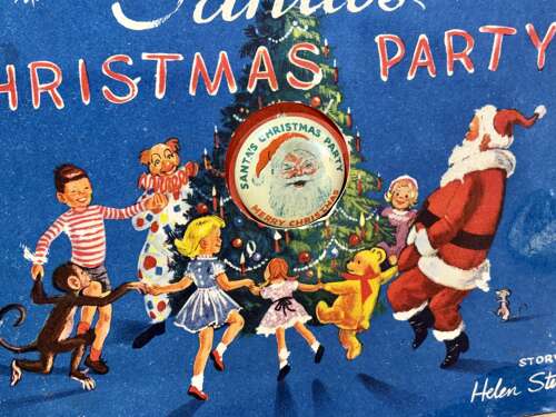 Santa Christmas Party Children's Pop up Book With Original Pin Back c1950s